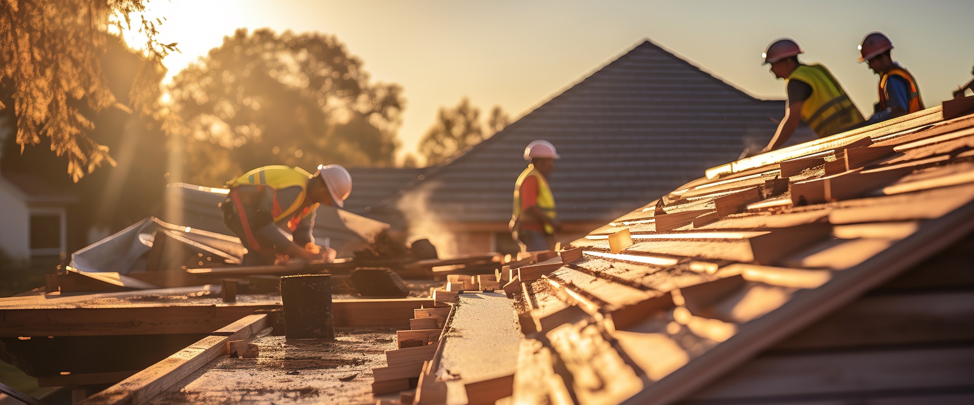 Couvreurs installant une toiture résidentielle au coucher du soleil. Rayons dorés sur les matériaux de construction en bois.