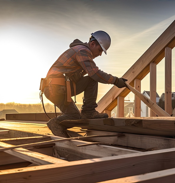 Ouvrier du bâtiment agenouillé sur une charpente en bois, inspectant une planche sous un ciel doré. Il porte un casque et une ceinture à outils.
